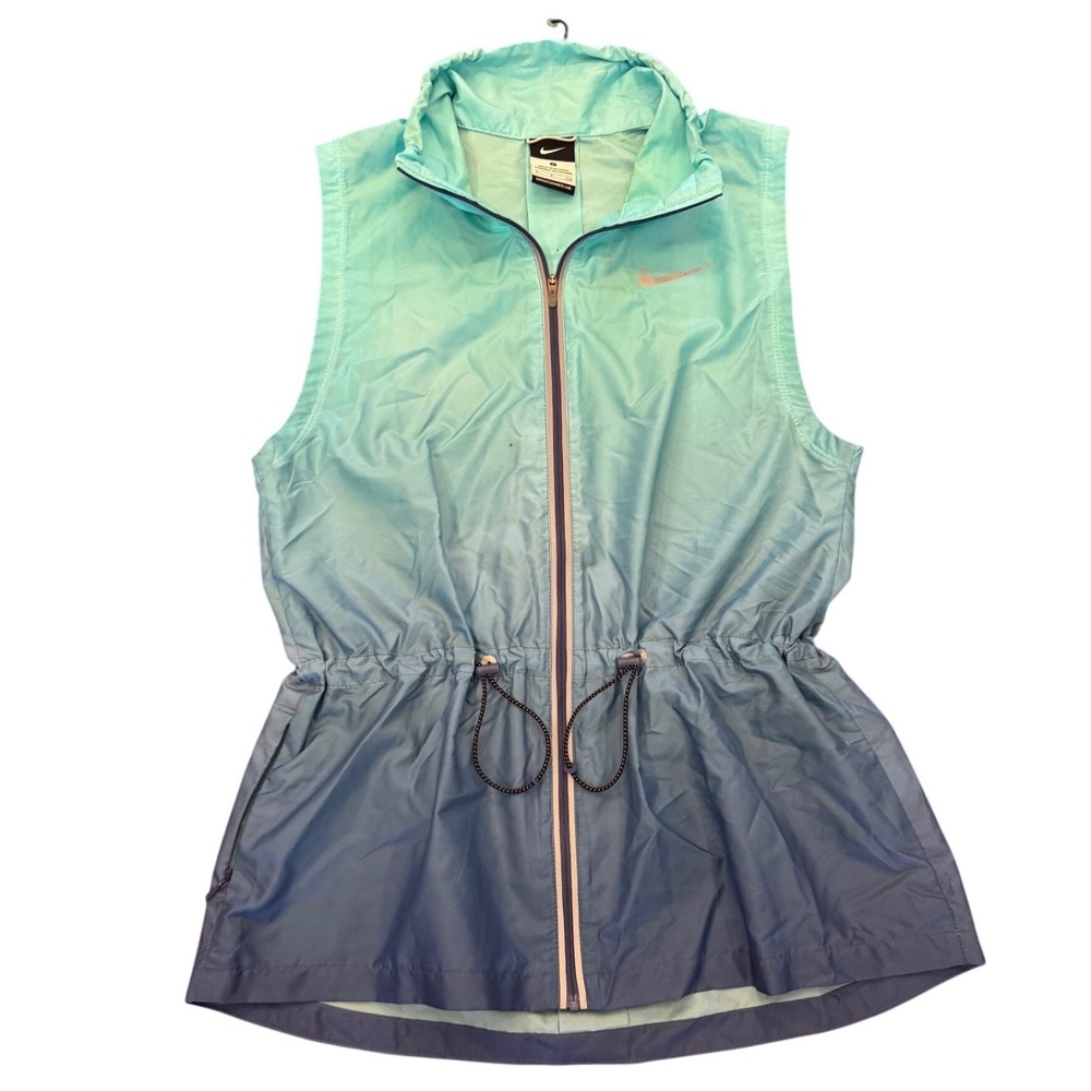 Nike Womens Ombre Running Vest Blue Teal Gradient Full Zip Drawstring Small